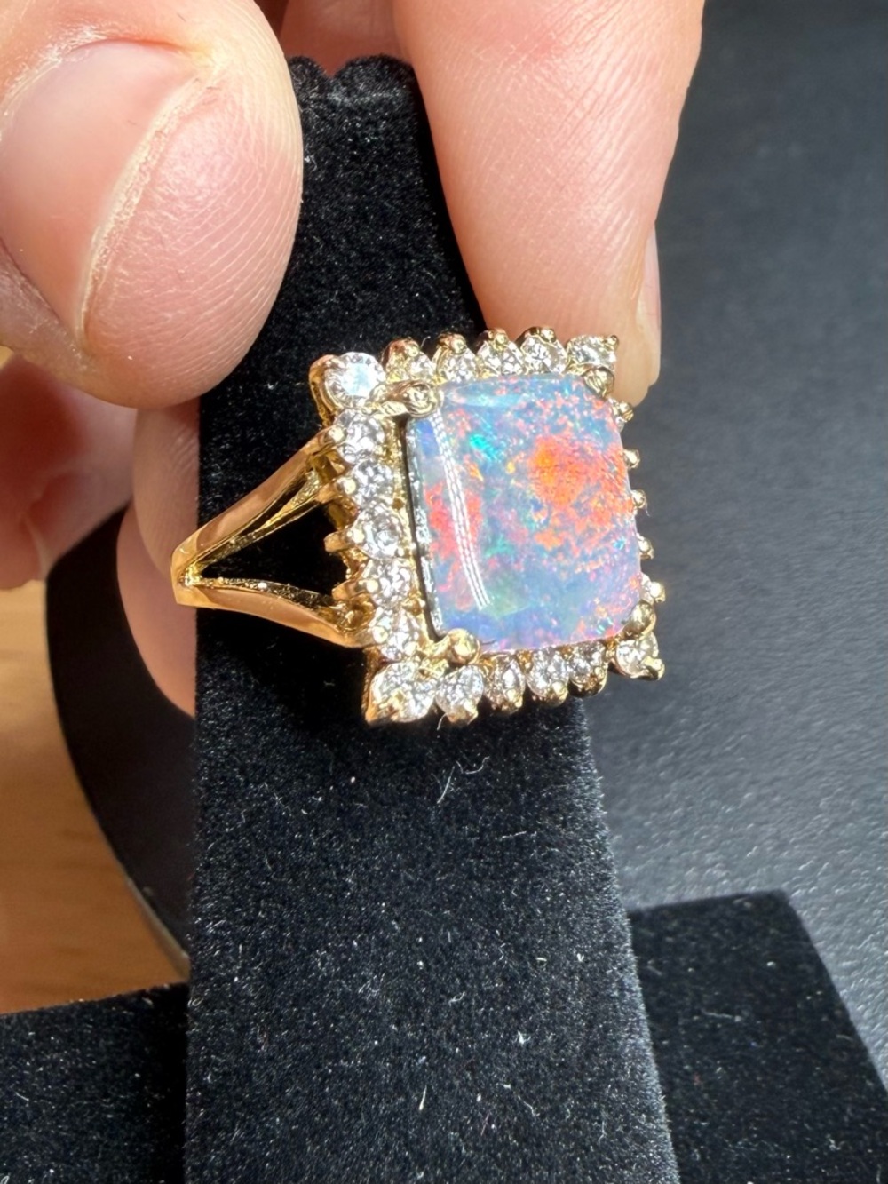 Lightning Ridge Black Opal and 14k Gold Opal Halo Ring - Iridescent - Picture 14 of 15